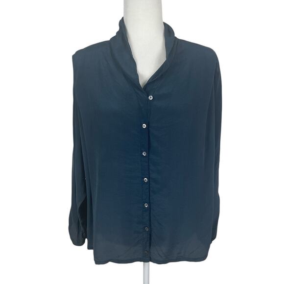 Poetry 100% Silk Chiffon Button Front Blouse Top Blue Women's Size 12 - Picture 1 of 15